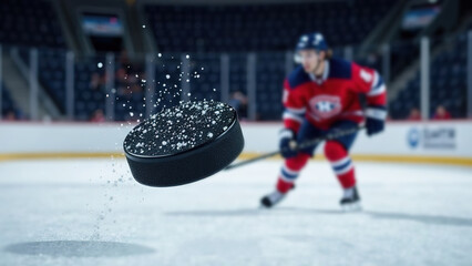 Obraz premium hockey player wearing blue and red uniform move on dark stadium background throws the puck to the foreground. copy space banner