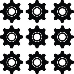 Nine Black Gear Icons Arranged in a Grid Pattern on a White Background Featuring a Circular Center and Eight Outer Protrusions Minimalist Design and Technical