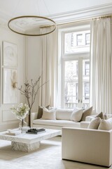 Bright airy living room in New York City townhouse with sleek white furniture, brass accents, large windows, minimalist art, and marble coffee table.