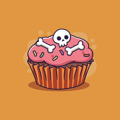 Cute Halloween cupcake with skull and bones. Vector illustration.