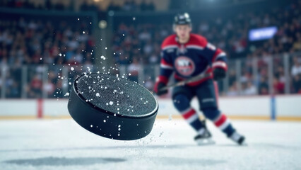 hockey player wearing blue and red uniform move on dark stadium background throws the puck to the foreground. copy space banner