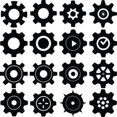 Collection of Sixteen Unique Black and White Gear Icons Each with a Distinct Design and Style Arranged in a Symmetrical Grid Pattern on a White