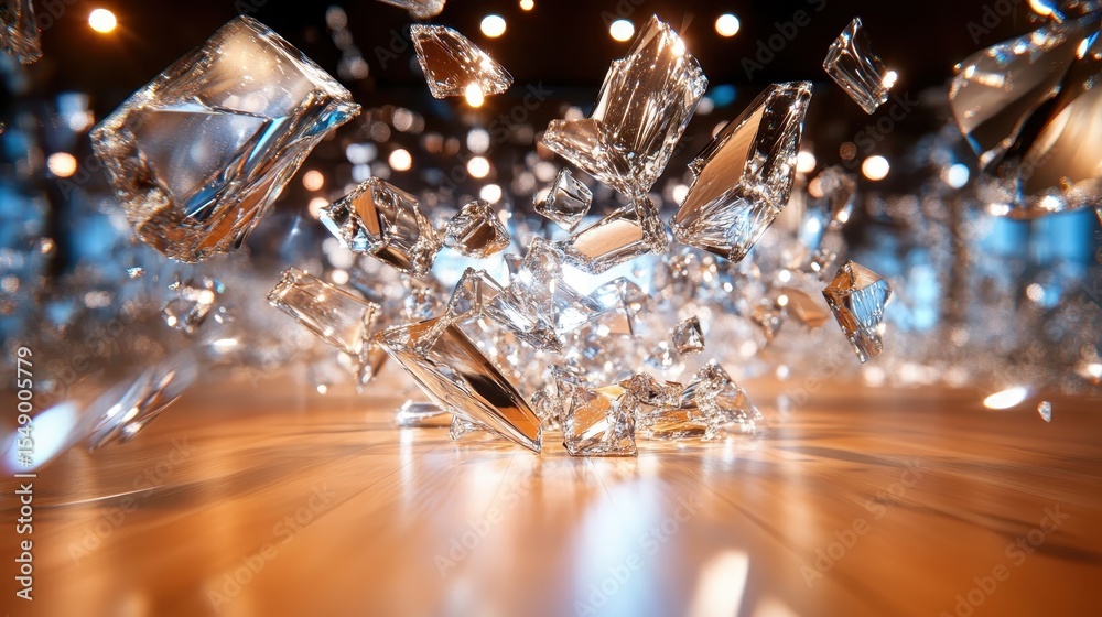 Poster an explosive burst of glass shards captured in motion, reflecting light and creating a dynamic visua