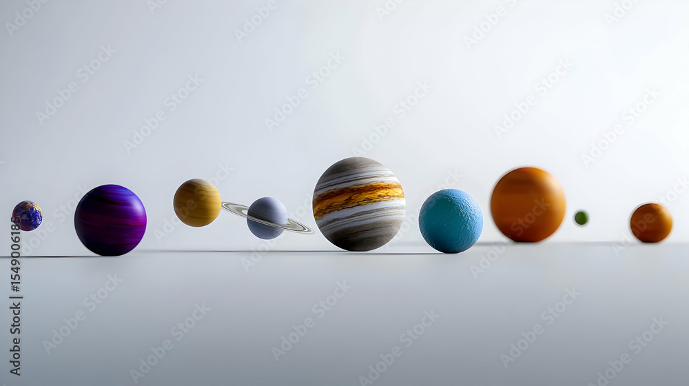 Fototapete Colorful solar system planets displayed in a line against a plain backdrop.  Each planet is a different color and size, and the one with rings is prominent.  A sense of motion is implied