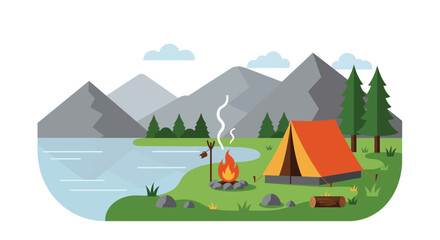 Scenic Camping Adventure by Mountain Lake at Sunset isolated on white background.