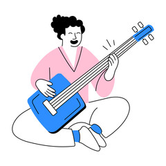 An illustration of shamisen player designed in doodle style
