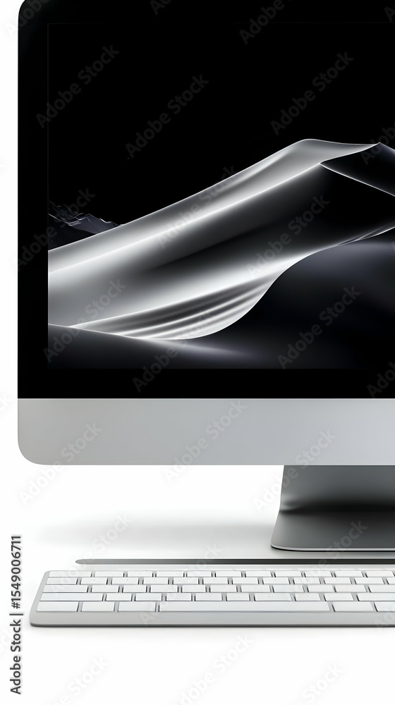 Fototapete modern computer monitor with a sleek keyboard. a minimalist display with dynamic abstract waves