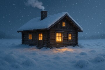 Wooden log cabin glowing in snowy winter night with chimney smoke