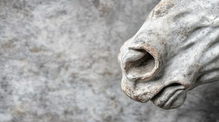 A close-up view of a sculpted horse's head, capturing intricate details and textures that evoke a sense of strength, majesty, and artistic craftsmanship in sculpture art.