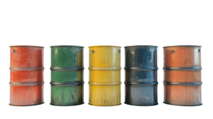 Collection of Colorful Rusty Metal Barrels in Various Shades Stacked Together on Transparent Background