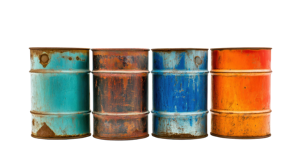 Collection of Colorful Vintage Rusty Barrels with Vibrant Patina in Abstract Arrangement