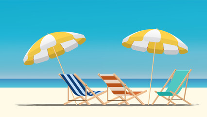 3 beach chairs under 2 yellow beach umbrella on a tropical beach with blue sky and sea. Summer vacation, relaxation, and seaside holiday concept for summer banner. 