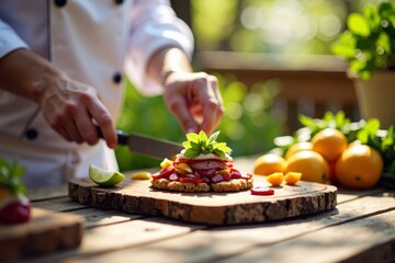A Chef's Hands Crafting a Colorful Gourmet Dish Outdoors on a Rustic Wooden Cutting Board