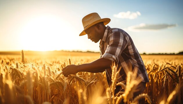 Farmer inspecting wheat field sunset.