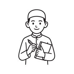 Muslim Boy Holding Book and Pen in Islamic Attire