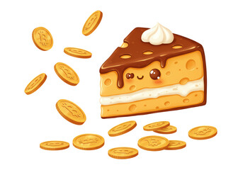 Isolated Kawaii Cheesecake Slice with Bitcoin Coins