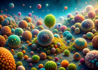 “Microscopic world imagined as a tiny fantasy universe – bacteria as alien creatures”