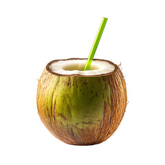 Fresh Coconut with Green Straw Isolated on White Background