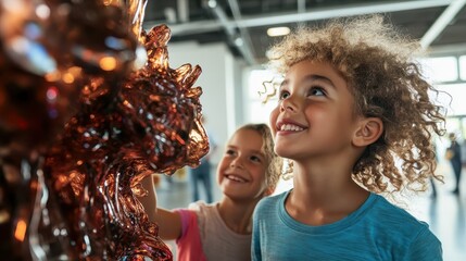 Two delighted children engaging with an intriguing art piece indoors, showcasing their curiosity and wonder as they explore the beauty of creativity and imagination.