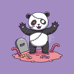 cute panda zombie cartoon in graveyard halloween vector illustration