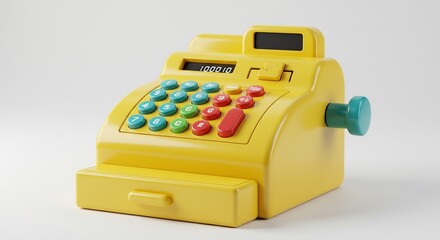 Brightly colored toy cash register sits playfully against a stark white background. AI Generated