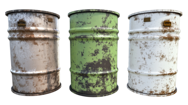 Collection of Three Weathered Metal Barrels in Various Colors on Transparent Background