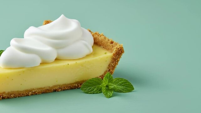Close Up View of Delicious Key Lime Pie Slice with Whipped Cream and Fresh Mint on a Light Green Background