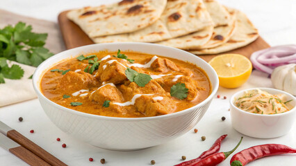 Fresh and authentic yummy butter chicken on white background
