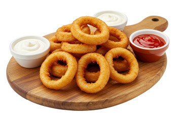 Isolated Golden Onion Rings with White and Red Dipping Sauces on a Wooden Board