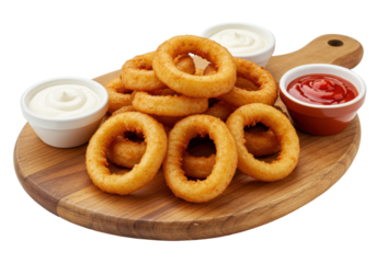 Isolated Golden Onion Rings with White and Red Dipping Sauces on a Wooden Board