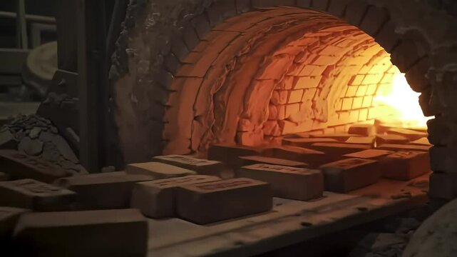 Kiln bricks baking in fiery industrial oven