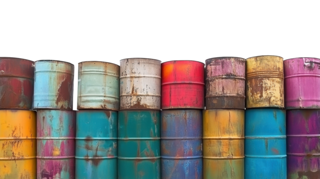 Colorful Collection of Rusty Metal Drums Stacked Against a Transparent Background