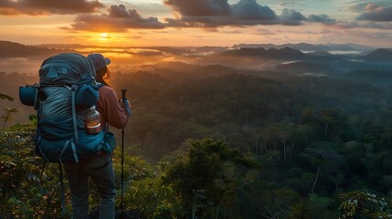 Fototapeta premium Backpacker overlooking wide forest valley under vibrant orange sunrise