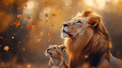 Fototapeta premium A stunning scene featuring a proud lion alongside its adorable cub, both gazing upwards as autumn leaves cascade around them in a beautiful natural setting.