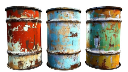 Group of Three Vintage Colorful Rusty Metal Barrels with Distressed Texture on Transparent Background