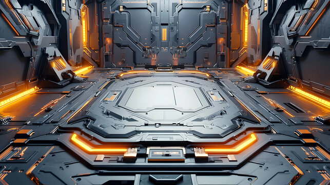 Futuristic, metallic interior with orange accents. Detailed panels and circuits