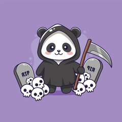 Cute Panda Grim Reaper Halloween . vector Illustration
