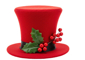 Isolated Red Christmas Top Hat with Holly Decor