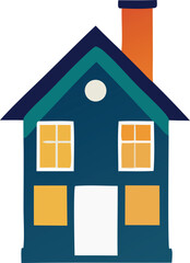 Colorful Two Story House Illustration with Orange Chimney White Door and Yellow Windows Featuring a Dark Blue and Teal Roof with a Circular Window