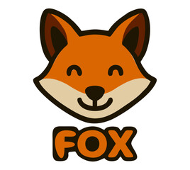 Cartoon Fox Face Logo with Orange Fur and Closed Eyes Smile, A playful fox head with orange fur, big ears, black nose, and a cute smiling expression—includes bold 