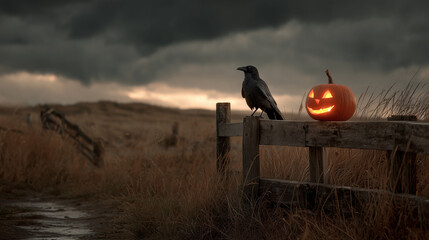 Halloween Wallpaper: Crow on Fence Beside Jack-o’-Lantern in Windy Field