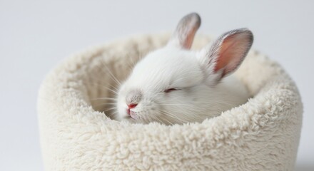 Naklejka premium Adorable white bunny peacefully sleeps in soft cream bed gentle soft light enhances fluffy fur. AI Generated