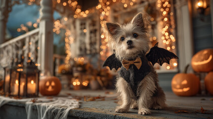 adorable Halloween photo of a small dog wearing a bat costume sitting on a decorated porch with pumpkins