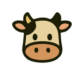 Cartoon Cow Face Logo with Bold Outline and Brown Patch, A friendly cartoon cow face with beige fur, pink nose, black eyes, and a brown eye patch—rounded features make it ideal for kids’ branding.