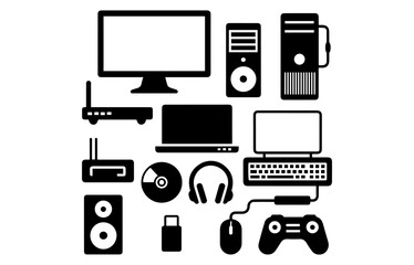 Computer and Tech Accessories Silhouette Icons Devices, Gadgets, and Hardware Vector Set