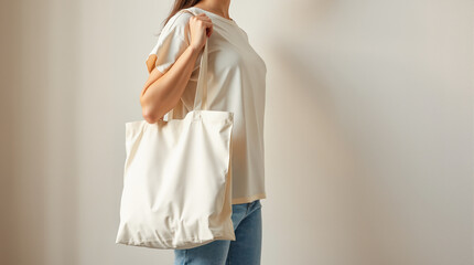 Young woman holding blank white canvas tote bag mockup for eco-friendly shopping and sustainable lifestyle branding design