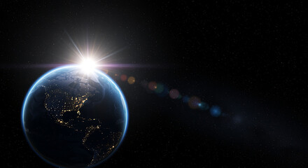 Obraz premium Earth from space at sunrise with lens flare