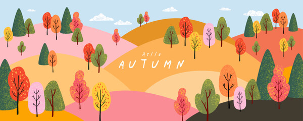 Trendy art style abstract autumn banner, poster, cover, card with bright beautiful autumn forest and fields landscape. Fall background, template for advertising, sales, web and social media, print