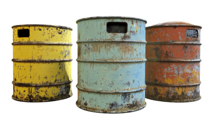 Three Weathered Vintage Barrels in Bright Colors against a Transparent Background