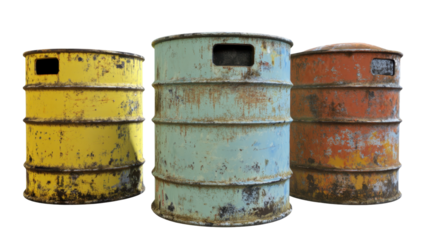 Three Weathered Vintage Barrels in Bright Colors against a Transparent Background
